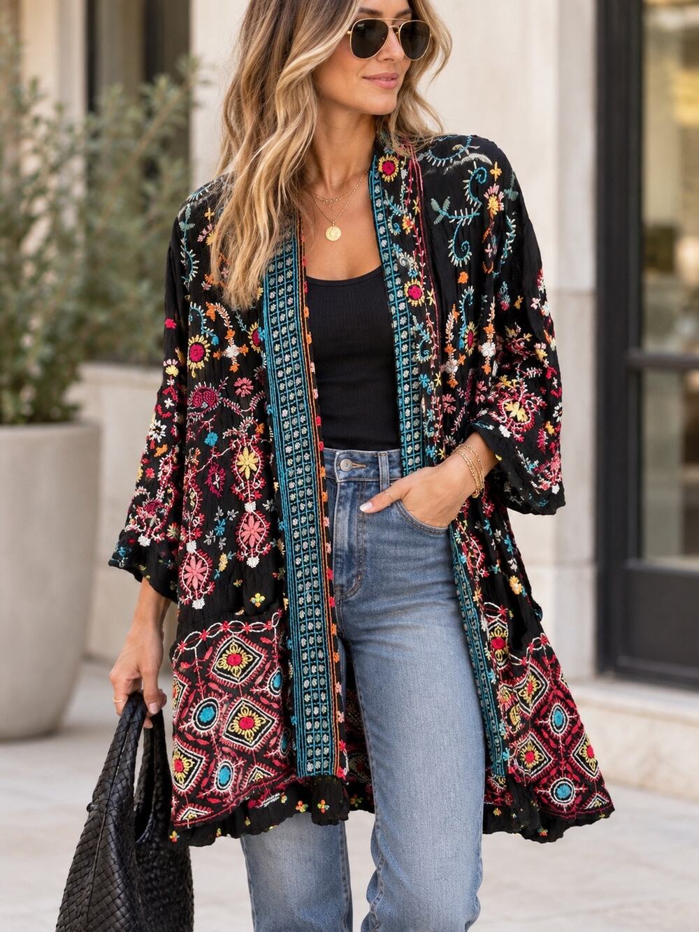 Johnny Was Waverly Embroidered Floral Open Kimono Cardigan Black Women's Small